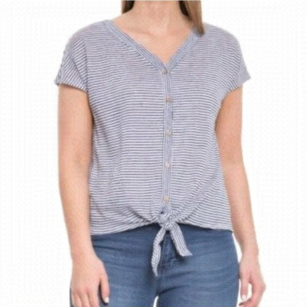𝅺rachel Zoe Linen Stripe Tie Front Short Sleeve Top L